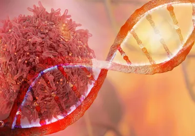 3D rendered DNA strand and cancer cell&nbsp;